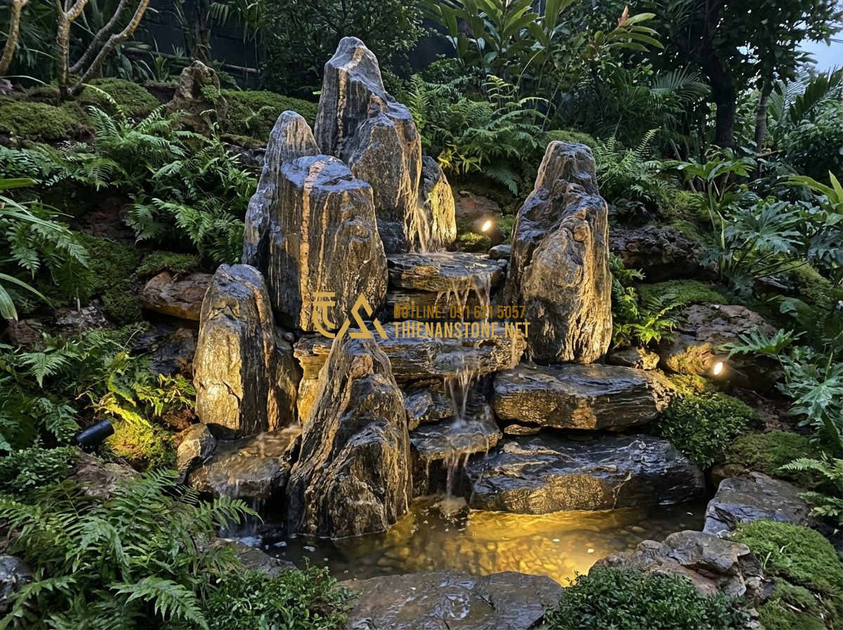 So Sánh Đá Vân Thạch Với Đá Granite, Đá Cuội Và Đá Bazan Khi Làm Hồ Cá & Tiểu Cảnh - Tạo ảnh tiếng Anh: An artistic garden waterfall built with stacked Van Thach sto