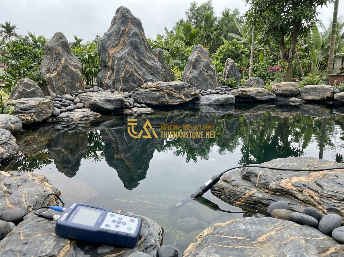 So Sánh Đá Vân Thạch Với Đá Granite, Đá Cuội Và Đá Bazan Khi Làm Hồ Cá & Tiểu Cảnh - Tạo ảnh tiếng Anh: A professional landscaper carefully testing the water quality