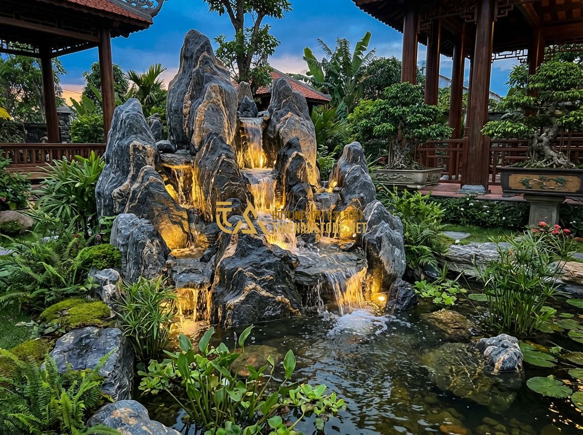 So Sánh Đá Vân Thạch Với Đá Granite, Đá Cuội Và Đá Bazan Khi Làm Hồ Cá & Tiểu Cảnh - Tạo ảnh tiếng Anh: A stunning backyard waterfall landscape during twilight. Warm