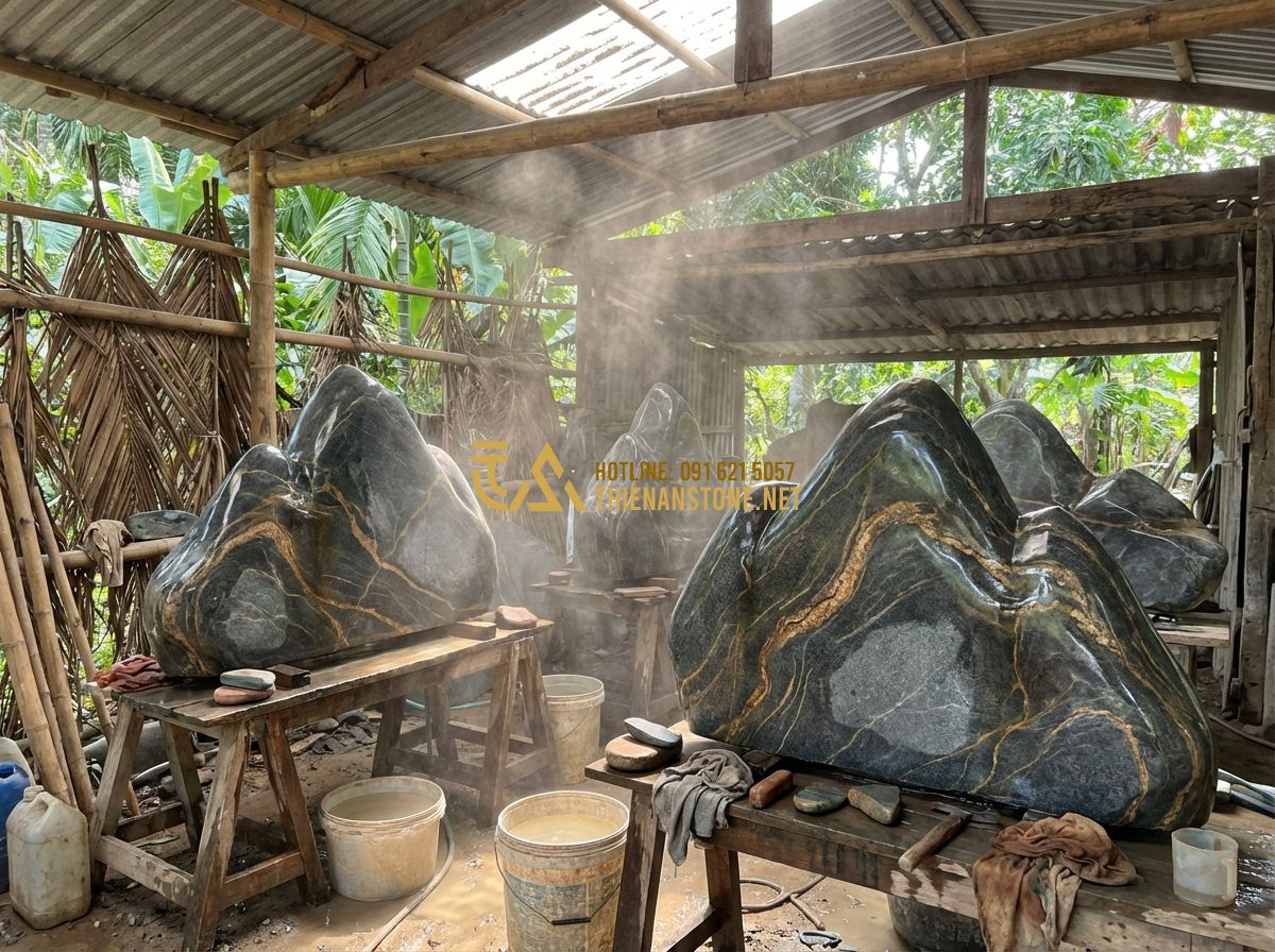 So Sánh Đá Vân Thạch Với Đá Granite, Đá Cuội Và Đá Bazan Khi Làm Hồ Cá & Tiểu Cảnh - Tạo ảnh tiếng Anh: An authentic stone workshop scene at Thien An Stone in Phu Th