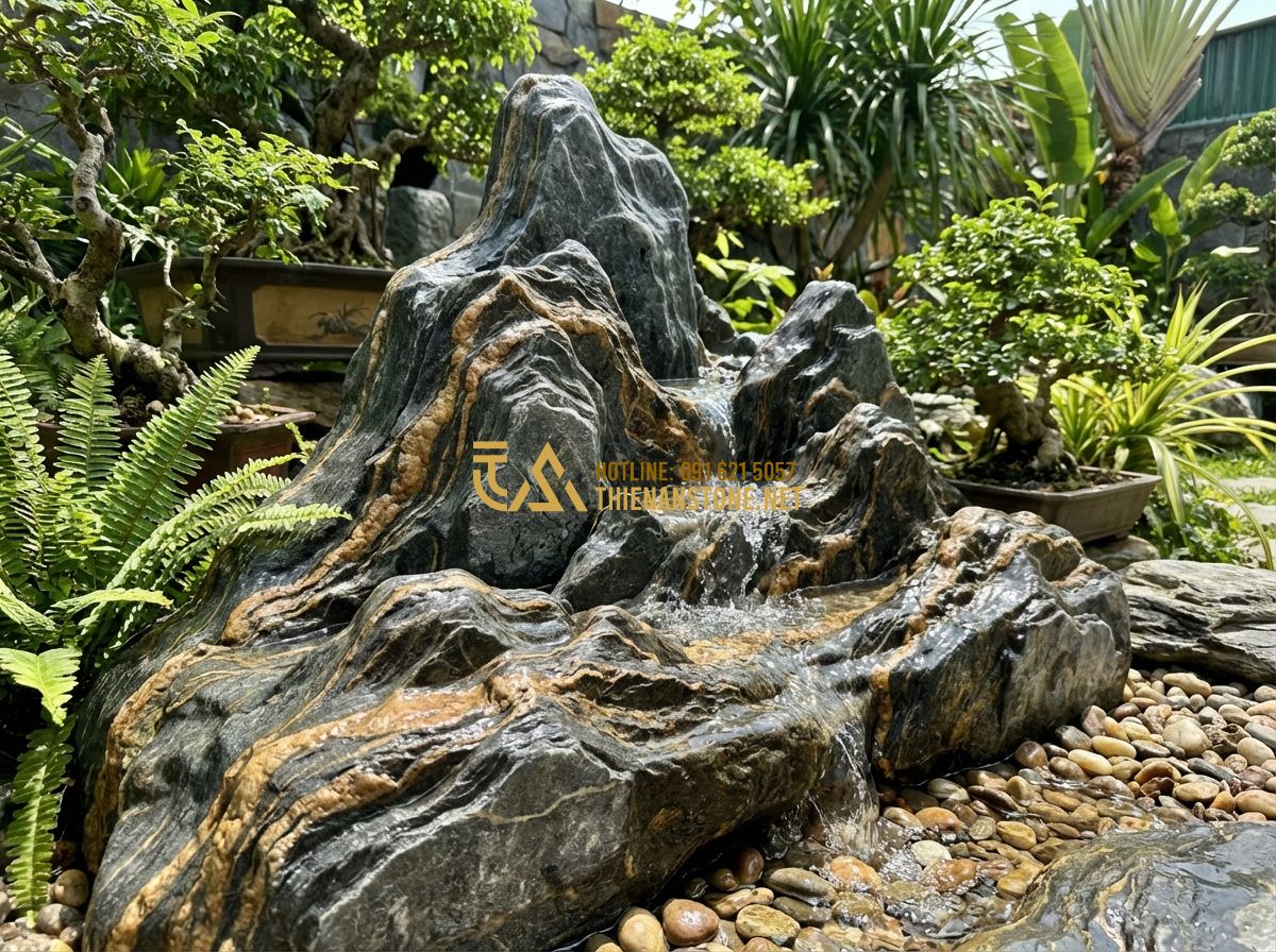 So Sánh Đá Vân Thạch Với Đá Granite, Đá Cuội Và Đá Bazan Khi Làm Hồ Cá & Tiểu Cảnh - Tạo ảnh tiếng Anh: A sophisticated business card style layout for Thien An Stone