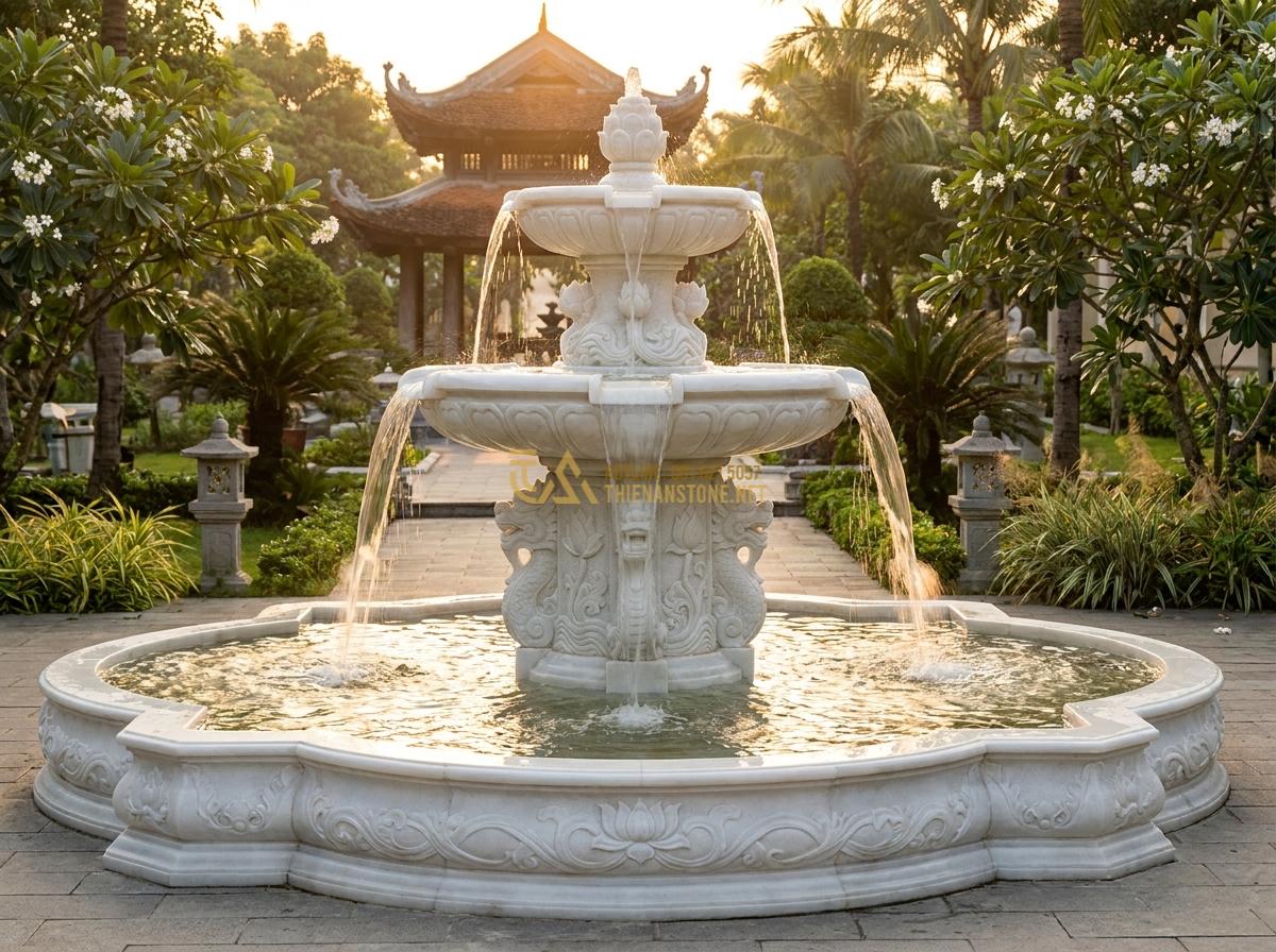 So Sánh Đài Phun Nước Đá Cẩm Thạch - Đá Nguyên Khối - Đá Mài: Loại Nào Tốt Nhất 2026? - Luxurious white marble water fountain with intricate carvings and cascading wate