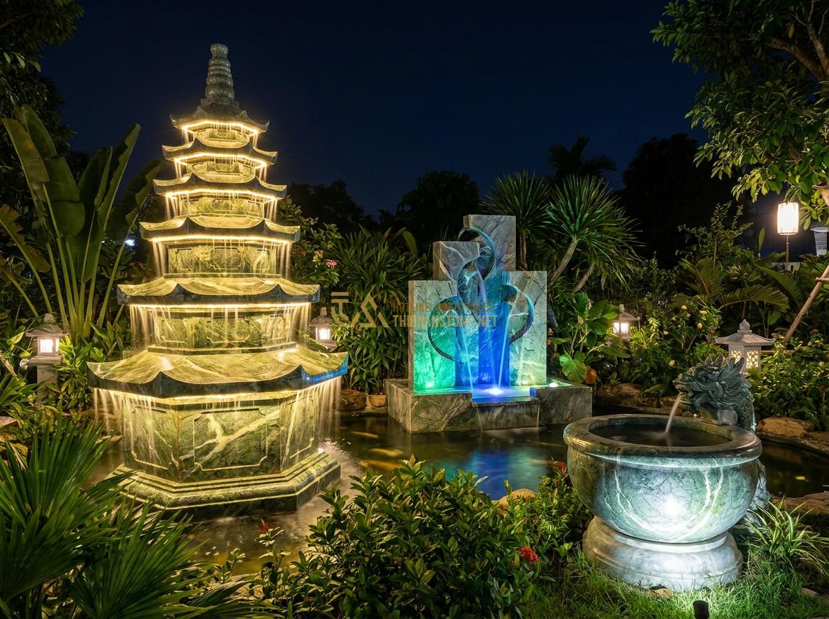 So Sánh Đài Phun Nước Đá Cẩm Thạch - Đá Nguyên Khối - Đá Mài: Loại Nào Tốt Nhất 2026? - Elegant night view of illuminated stone fountains showcasing different aesthetic
