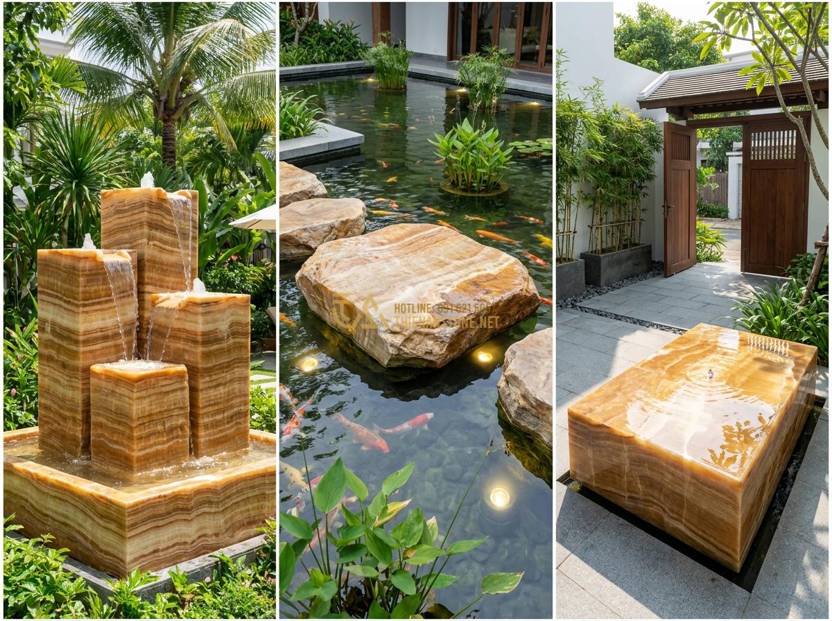 So Sánh Đài Phun Nước Đá Cẩm Thạch - Đá Nguyên Khối - Đá Mài: Loại Nào Tốt Nhất 2026? - Real-life application photos of marble fountain in luxury villa garden, monolith