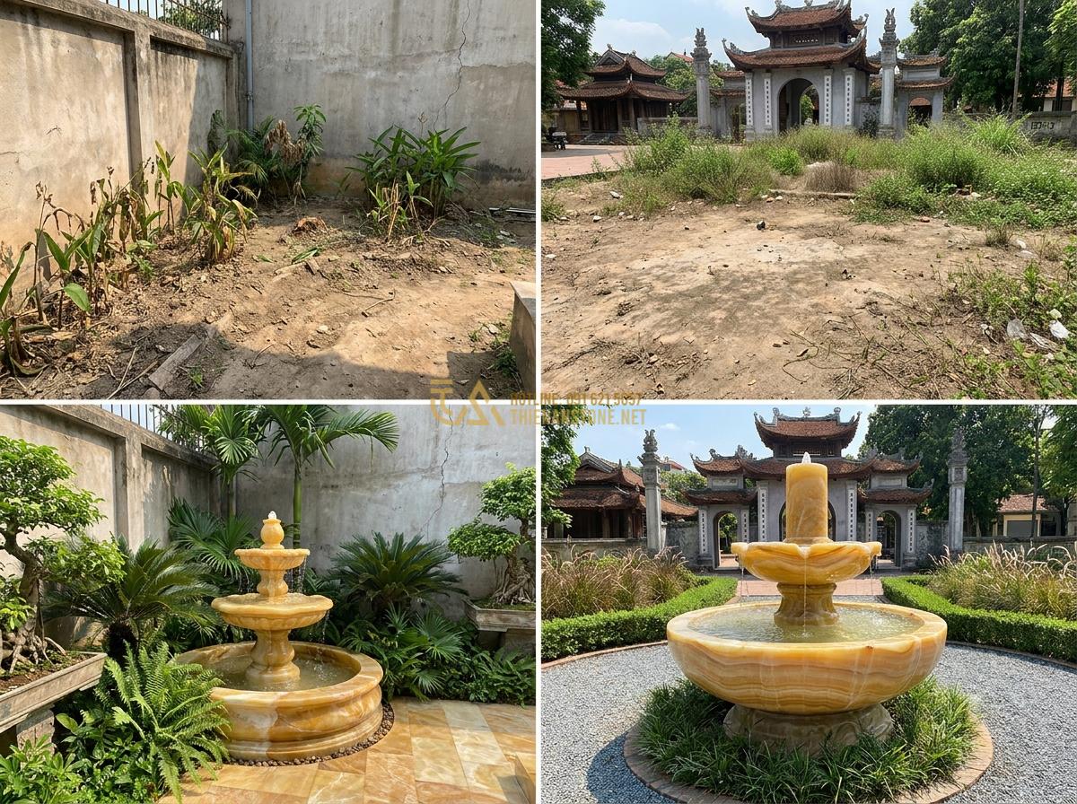 So Sánh Đài Phun Nước Đá Cẩm Thạch - Đá Nguyên Khối - Đá Mài: Loại Nào Tốt Nhất 2026? - Before and after installation examples of various stone water fountains in diffe