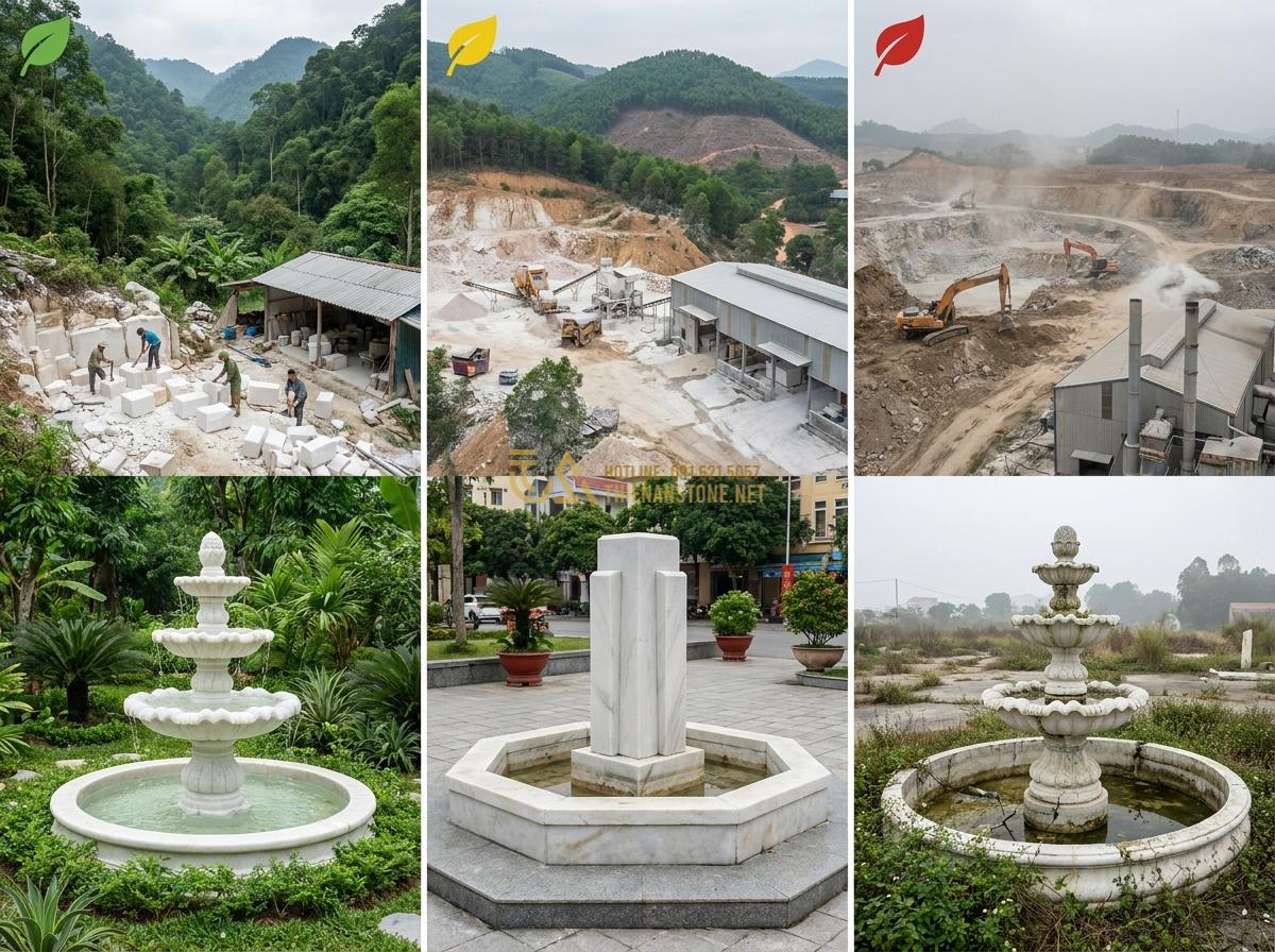 So Sánh Đài Phun Nước Đá Cẩm Thạch - Đá Nguyên Khối - Đá Mài: Loại Nào Tốt Nhất 2026? - Environmental impact comparison of sourcing, manufacturing, and lifecycle of the