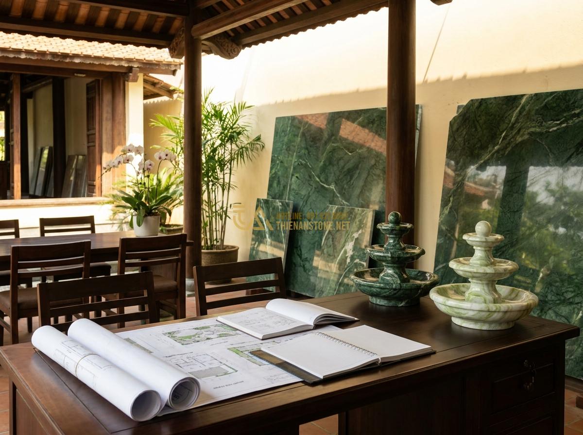 So Sánh Đài Phun Nước Đá Cẩm Thạch - Đá Nguyên Khối - Đá Mài: Loại Nào Tốt Nhất 2026? - Hình 17 So Sánh Đài Phun Nước Đá Cẩm Thạch - Đá Nguyên Khối - Đá Mài: Loại Nào Tốt Nhất 2026? - Professional consultation scene with stone fountain samples and landscape design