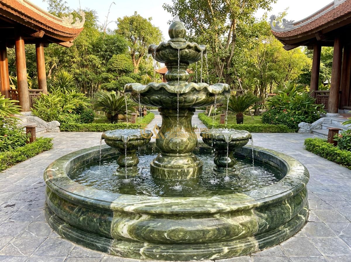 So Sánh Đài Phun Nước Đá Cẩm Thạch - Đá Nguyên Khối - Đá Mài: Loại Nào Tốt Nhất 2026? - Finished high-end stone water fountain project completed by Thien An Stone team