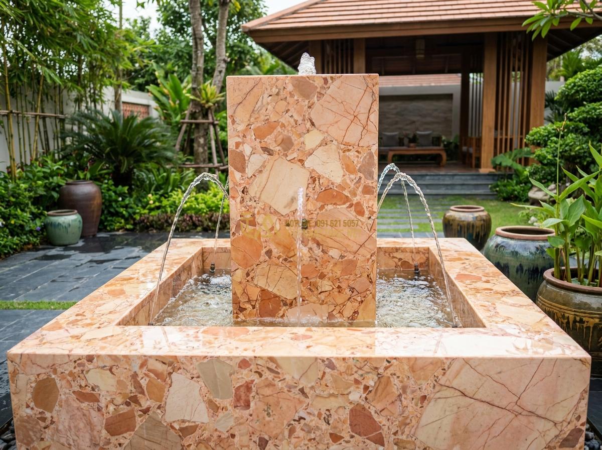 So Sánh Đài Phun Nước Đá Cẩm Thạch - Đá Nguyên Khối - Đá Mài: Loại Nào Tốt Nhất 2026? - Modern polished stone fountain made with ground and pressed stone material showi