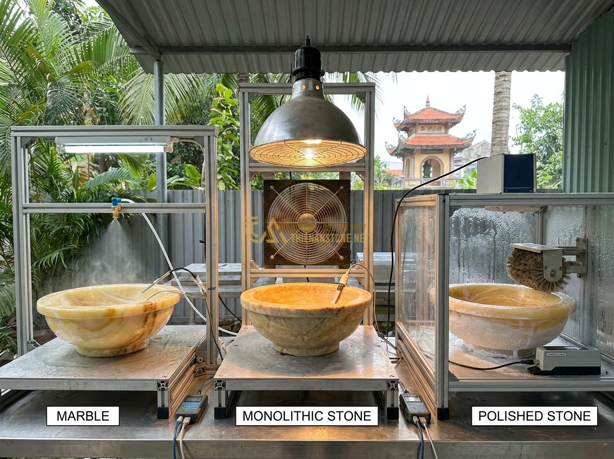 So Sánh Đài Phun Nước Đá Cẩm Thạch - Đá Nguyên Khối - Đá Mài: Loại Nào Tốt Nhất 2026? - Side-by-side technical comparison of durability testing on marble, monolithic st