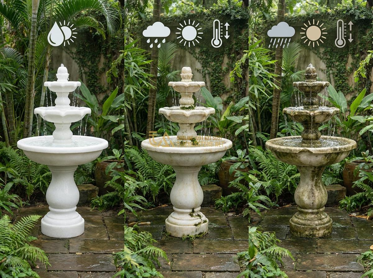 So Sánh Đài Phun Nước Đá Cẩm Thạch - Đá Nguyên Khối - Đá Mài: Loại Nào Tốt Nhất 2026? - Durability infographic showing long-term performance of different stone fountain