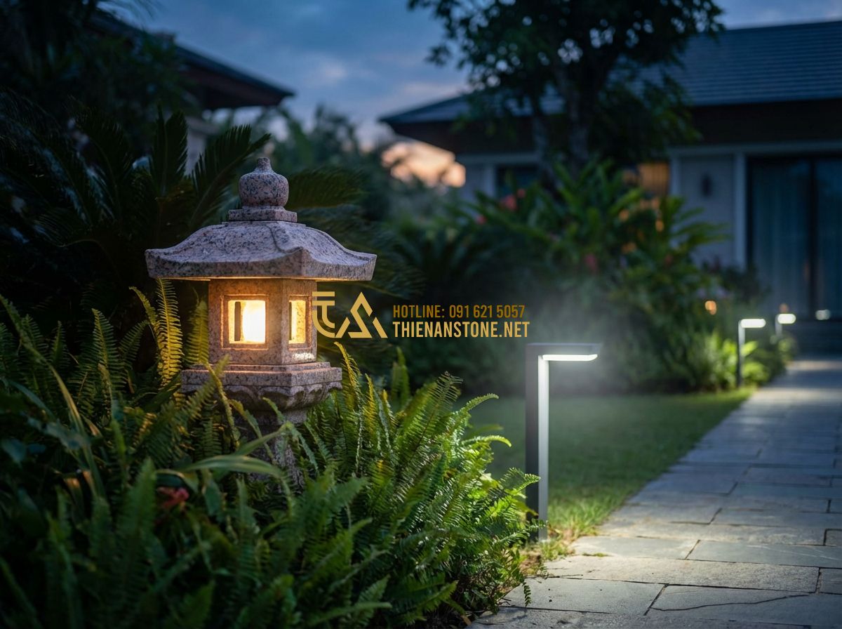 So Sánh Đèn Đá Sân Vườn Và Đèn Trang Trí Sân Vườn Thường: Nên Chọn Loại Nào? - Hình 1 So Sánh Đèn Đá Sân Vườn Và Đèn Trang Trí Sân Vườn Thường: Nên Chọn Loại Nào? - Tạo ảnh tiếng Anh: [A high-end villa garden at dusk, showcasing the contrast bet
