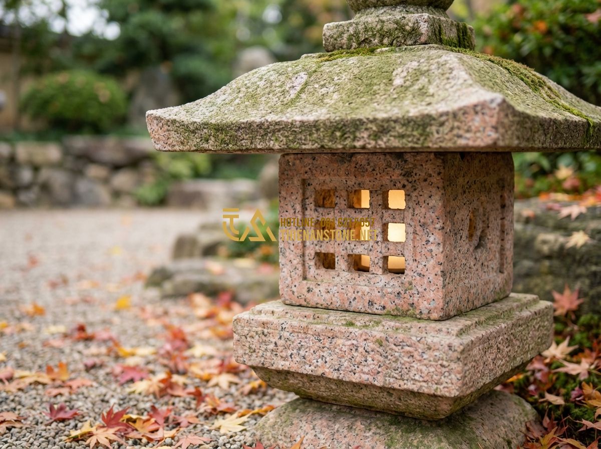 So Sánh Đèn Đá Sân Vườn Và Đèn Trang Trí Sân Vườn Thường: Nên Chọn Loại Nào? - Hình 2 So Sánh Đèn Đá Sân Vườn Và Đèn Trang Trí Sân Vườn Thường: Nên Chọn Loại Nào? - Tạo ảnh tiếng Anh: [Close-up of an ancient Japanese stone lantern with a subtle