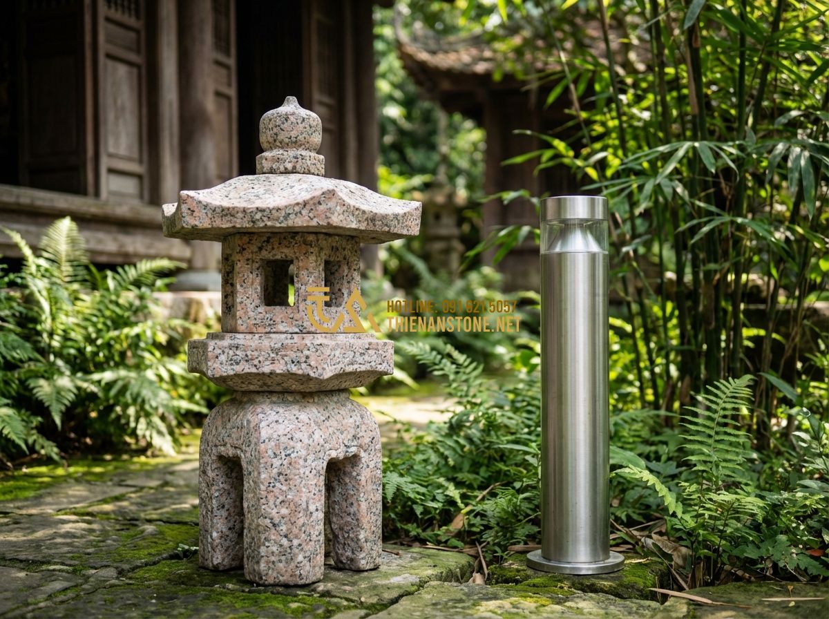So Sánh Đèn Đá Sân Vườn Và Đèn Trang Trí Sân Vườn Thường: Nên Chọn Loại Nào? - Hình 7 So Sánh Đèn Đá Sân Vườn Và Đèn Trang Trí Sân Vườn Thường: Nên Chọn Loại Nào? - Tạo ảnh tiếng Anh: [An infographic-style image showing a stone lantern and a mod