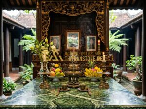 So Sánh Đồ Thờ Cúng Bằng Đá Với Gỗ Và Đồng: Lựa Chọn Nào Bền Đẹp Vĩnh Cửu? - Tạo ảnh tiếng Anh: A high-end, detailed close-up of a traditional Vietnamese anc