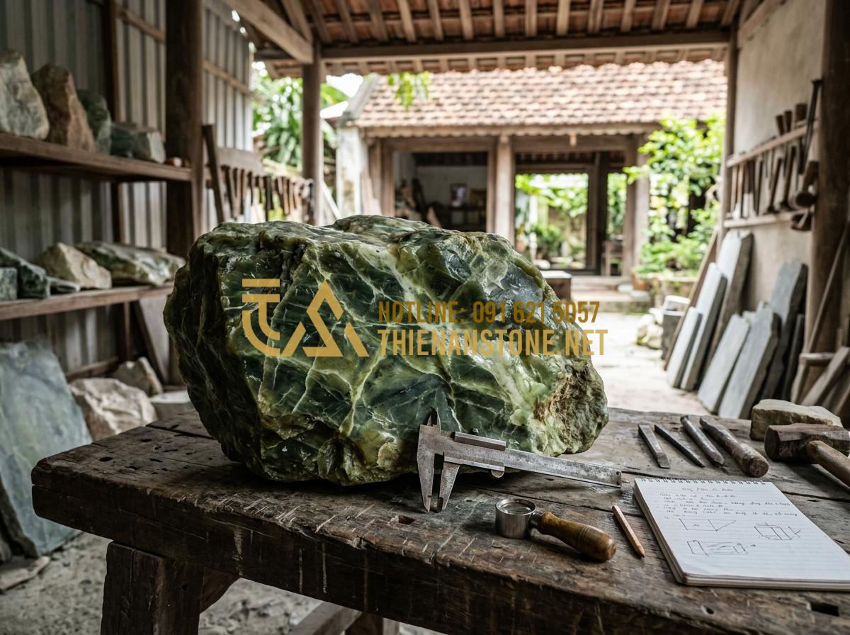 So Sánh Đồ Thờ Cúng Bằng Đá Với Gỗ Và Đồng: Lựa Chọn Nào Bền Đẹp Vĩnh Cửu? - Hình 10 So Sánh Đồ Thờ Cúng Bằng Đá Với Gỗ Và Đồng: Lựa Chọn Nào Bền Đẹp Vĩnh Cửu? - Tạo ảnh tiếng Anh: A master artisan at Thien An Stone workshop carefully inspect