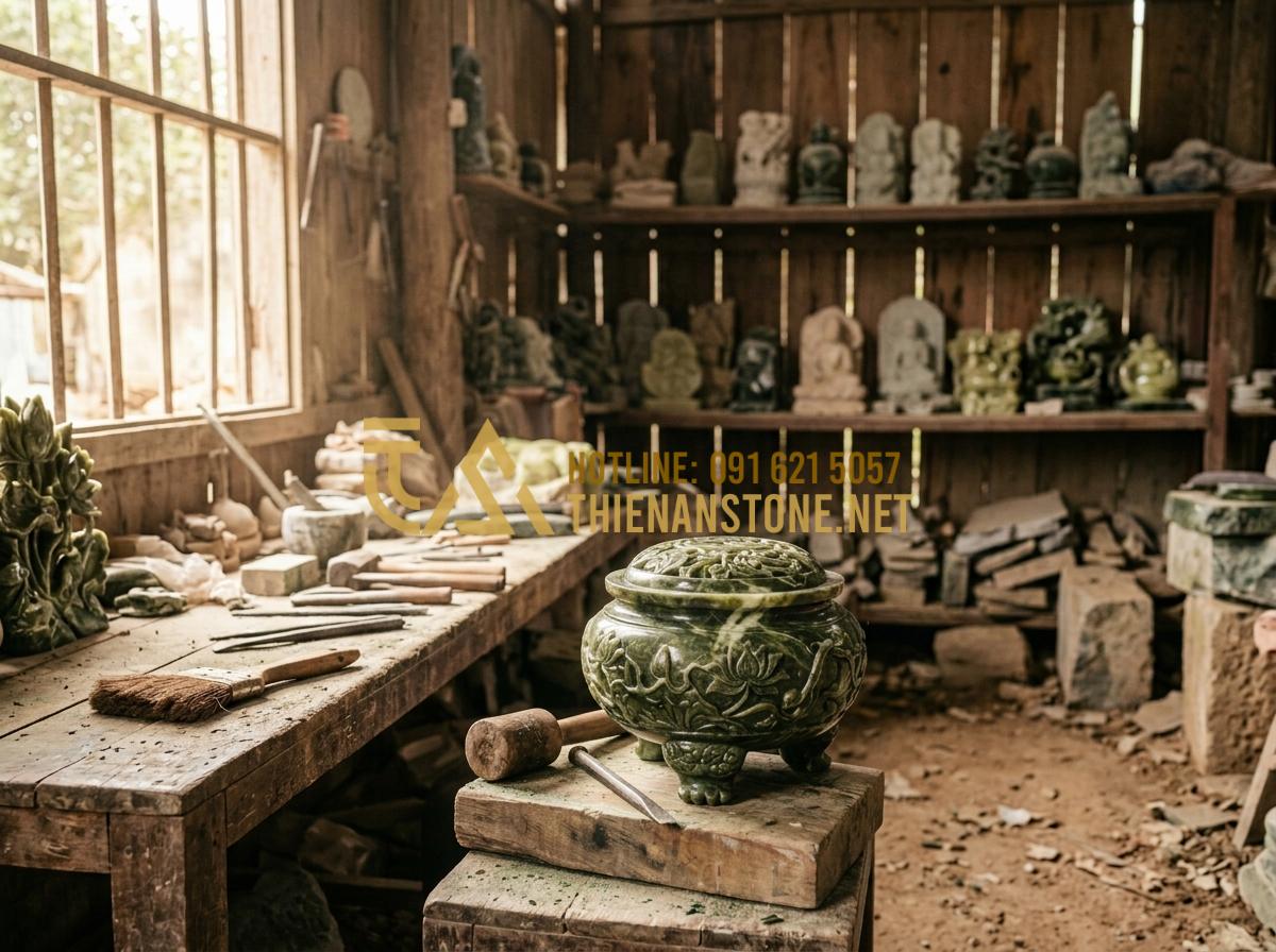 So Sánh Đồ Thờ Cúng Bằng Đá Với Gỗ Và Đồng: Lựa Chọn Nào Bền Đẹp Vĩnh Cửu? - Hình 2 So Sánh Đồ Thờ Cúng Bằng Đá Với Gỗ Và Đồng: Lựa Chọn Nào Bền Đẹp Vĩnh Cửu? - Tạo ảnh tiếng Anh: A professional sculptor in a traditional workshop carefully c