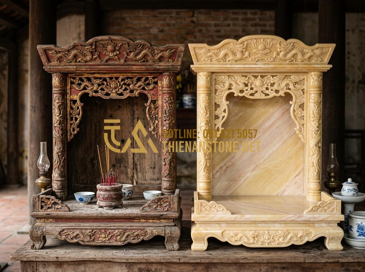So Sánh Đồ Thờ Cúng Bằng Đá Với Gỗ Và Đồng: Lựa Chọn Nào Bền Đẹp Vĩnh Cửu? - Hình 3 So Sánh Đồ Thờ Cúng Bằng Đá Với Gỗ Và Đồng: Lựa Chọn Nào Bền Đẹp Vĩnh Cửu? - Tạo ảnh tiếng Anh: A comparison photo showing a weathered wooden altar piece wit