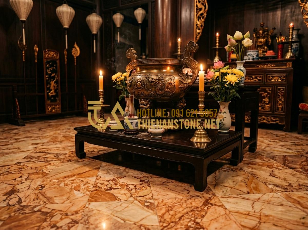 So Sánh Đồ Thờ Cúng Bằng Đá Với Gỗ Và Đồng: Lựa Chọn Nào Bền Đẹp Vĩnh Cửu? - Hình 4 So Sánh Đồ Thờ Cúng Bằng Đá Với Gỗ Và Đồng: Lựa Chọn Nào Bền Đẹp Vĩnh Cửu? - Tạo ảnh tiếng Anh: A grand bronze incense burner set on a dark wood table, refle
