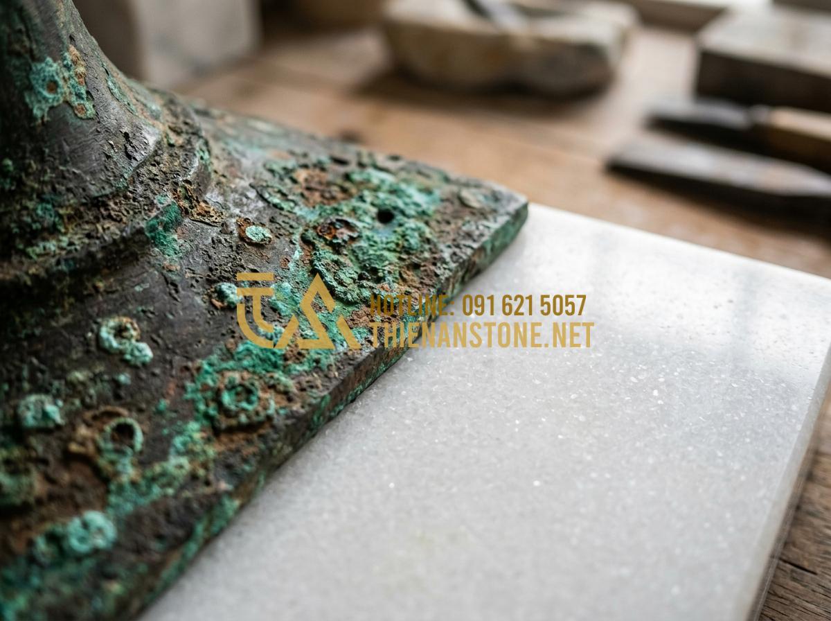 So Sánh Đồ Thờ Cúng Bằng Đá Với Gỗ Và Đồng: Lựa Chọn Nào Bền Đẹp Vĩnh Cửu? - Hình 5 So Sánh Đồ Thờ Cúng Bằng Đá Với Gỗ Và Đồng: Lựa Chọn Nào Bền Đẹp Vĩnh Cửu? - Tạo ảnh tiếng Anh: A macro shot of an aged bronze surface showing green oxidatio