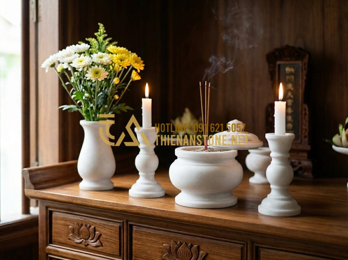 So Sánh Đồ Thờ Cúng Bằng Đá Với Gỗ Và Đồng: Lựa Chọn Nào Bền Đẹp Vĩnh Cửu? - Hình 6 So Sánh Đồ Thờ Cúng Bằng Đá Với Gỗ Và Đồng: Lựa Chọn Nào Bền Đẹp Vĩnh Cửu? - Tạo ảnh tiếng Anh: A beautiful set of white marble altar items (incense burner,