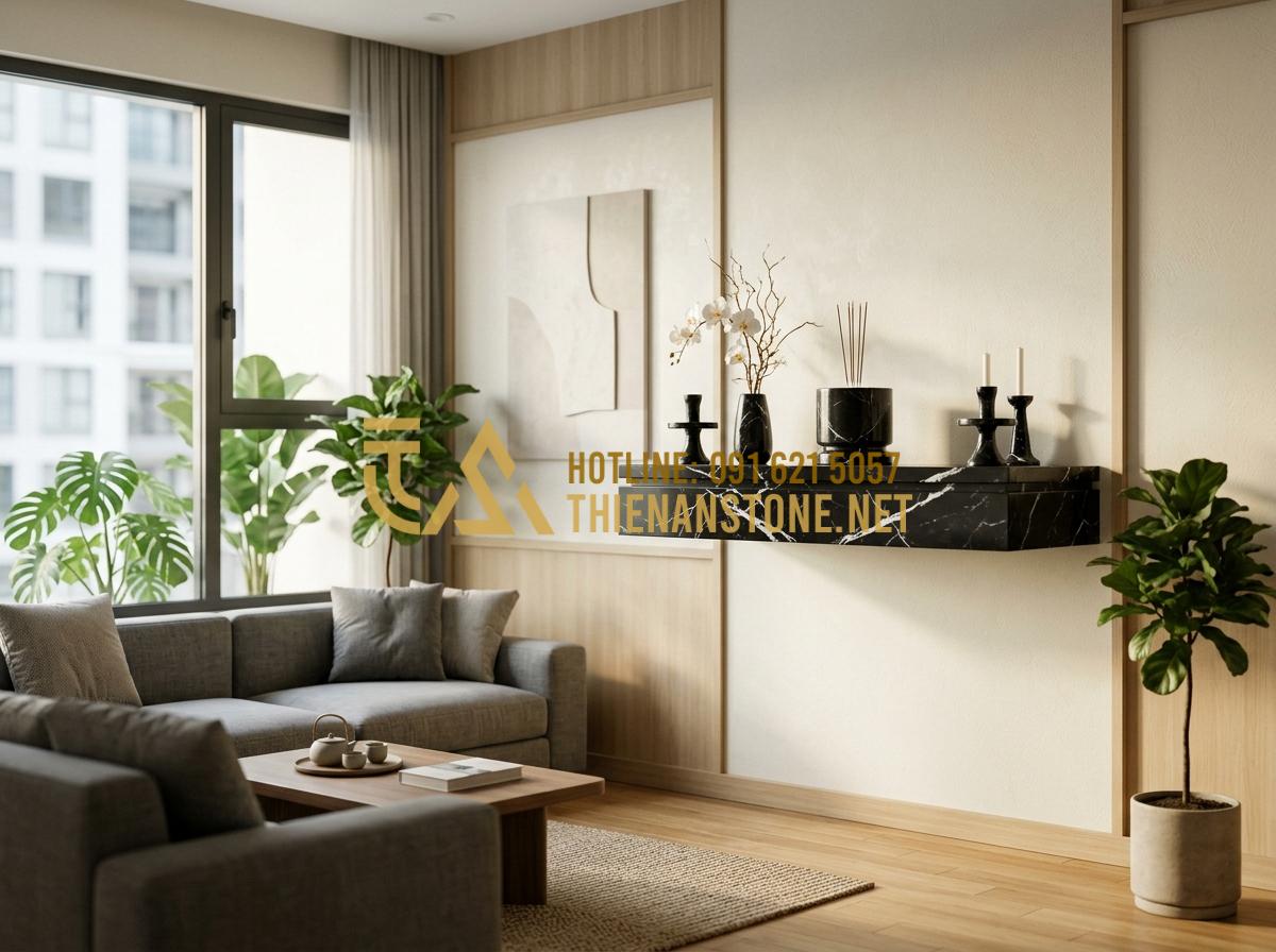 So Sánh Đồ Thờ Cúng Bằng Đá Với Gỗ Và Đồng: Lựa Chọn Nào Bền Đẹp Vĩnh Cửu? - Hình 8 So Sánh Đồ Thờ Cúng Bằng Đá Với Gỗ Và Đồng: Lựa Chọn Nào Bền Đẹp Vĩnh Cửu? - Tạo ảnh tiếng Anh: A modern living room with a minimalist altar setup using ligh
