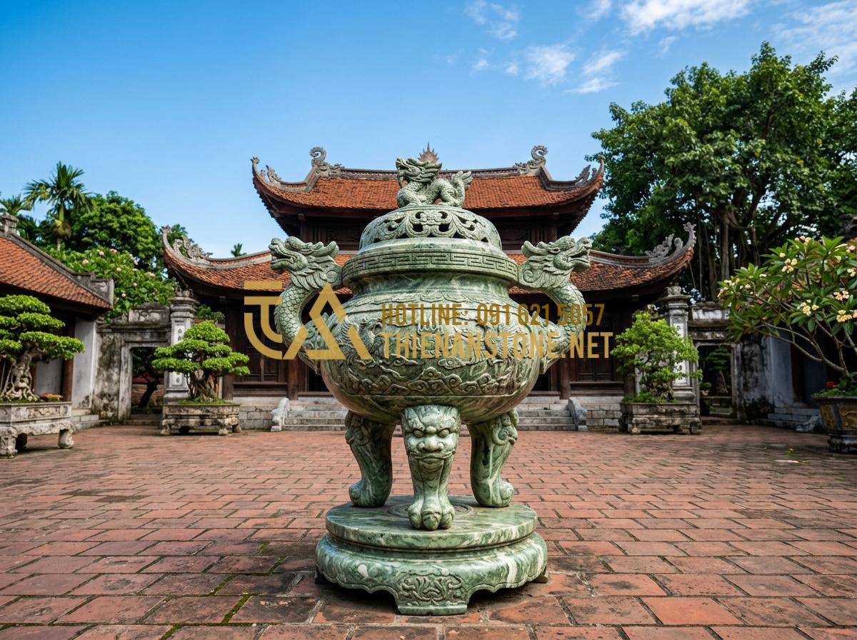 So Sánh Đồ Thờ Cúng Bằng Đá Với Gỗ Và Đồng: Lựa Chọn Nào Bền Đẹp Vĩnh Cửu? - Hình 9 So Sánh Đồ Thờ Cúng Bằng Đá Với Gỗ Và Đồng: Lựa Chọn Nào Bền Đẹp Vĩnh Cửu? - Tạo ảnh tiếng Anh: A large, majestic stone incense burner standing in the courty