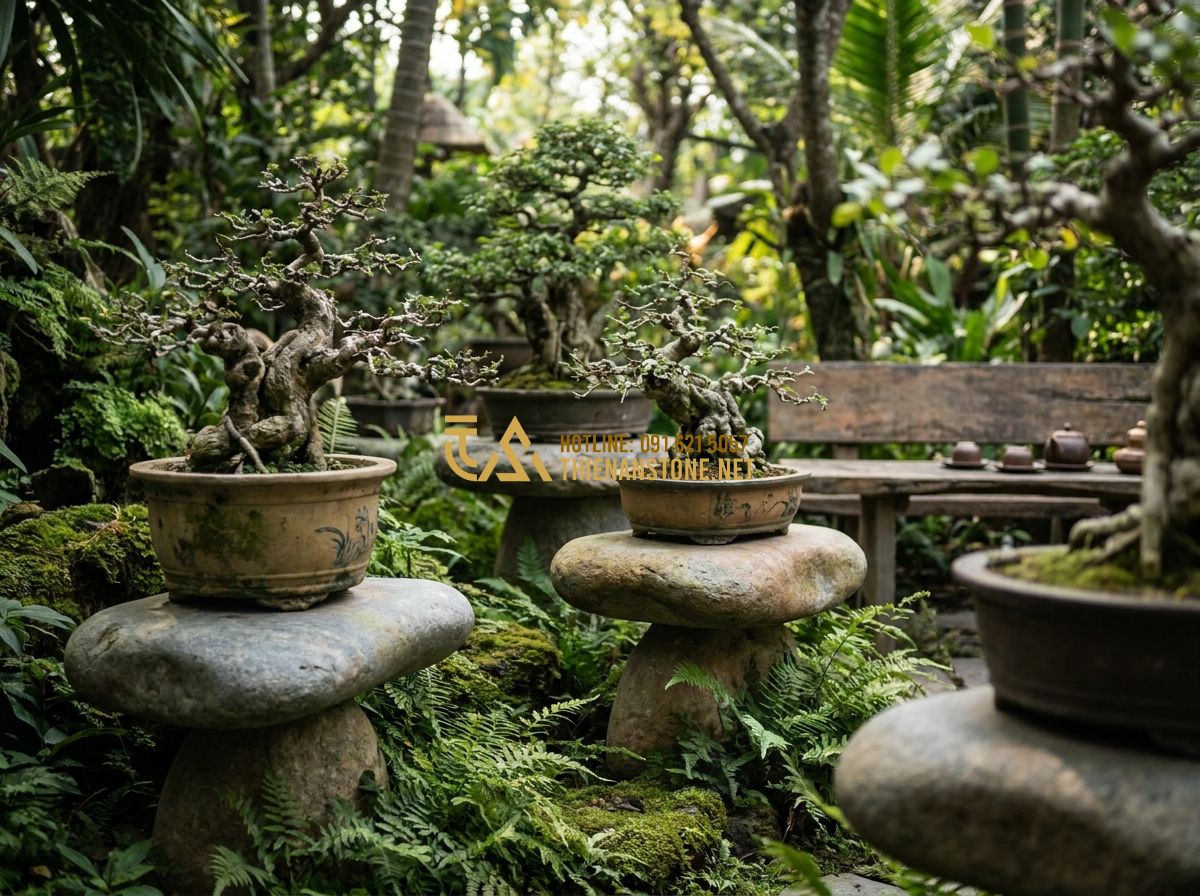 So Sánh Đôn Đá Tự Nhiên Với Đôn Gỗ, Đôn Sứ, Đôn Sắt: Nên Chọn Loại Nào Cho Kê Chậu Cây? - Hình 6 So Sánh Đôn Đá Tự Nhiên Với Đôn Gỗ, Đôn Sứ, Đôn Sắt: Nên Chọn Loại Nào Cho Kê Chậu Cây? - Tạo ảnh tiếng Anh: An elderly gardener showing a young woman his collection of a