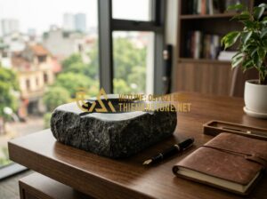 So sánh gạt tàn đá Cẩm thạch, Serpentine và Canxit: Nên chọn loại nào? - Tạo ảnh tiếng Anh: A luxurious office desk with a high-end stone ashtray made of