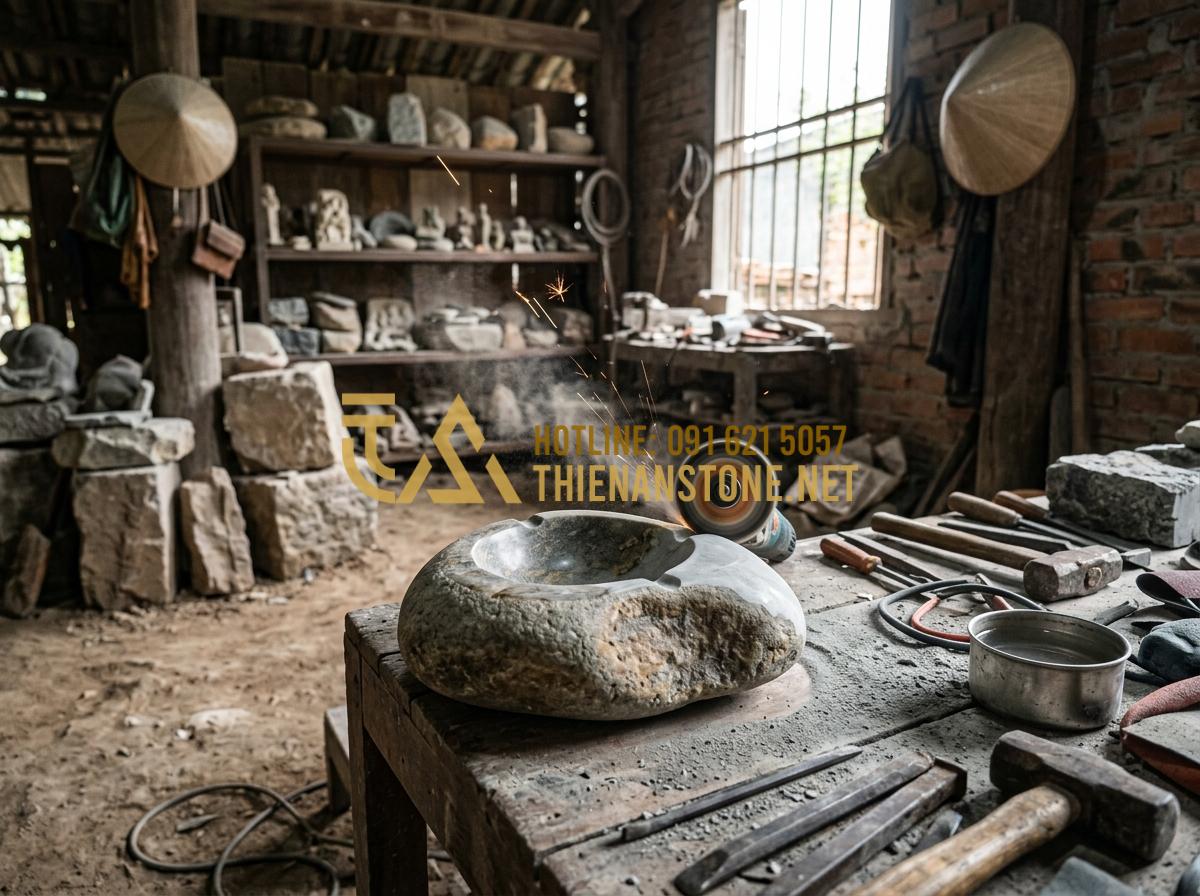 So sánh gạt tàn đá Cẩm thạch, Serpentine và Canxit: Nên chọn loại nào? - Tạo ảnh tiếng Anh: A master craftsman in a traditional workshop carefully polish
