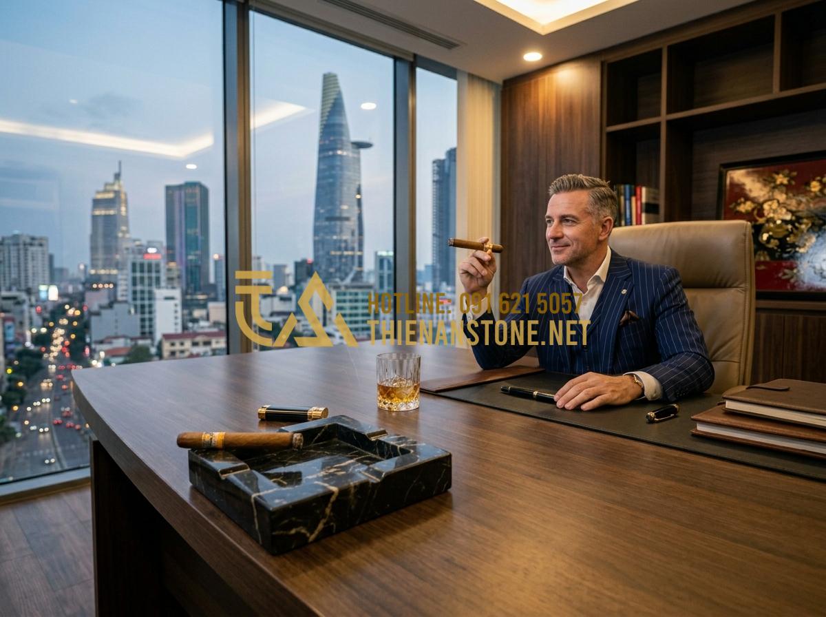 So sánh gạt tàn đá Cẩm thạch, Serpentine và Canxit: Nên chọn loại nào? - Tạo ảnh tiếng Anh: A businessman in a tailored suit sitting in a modern office,