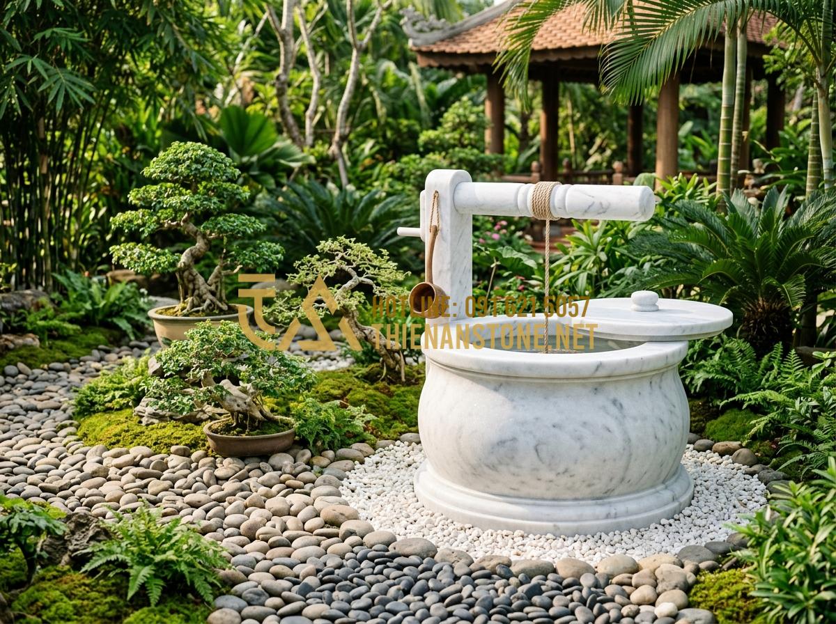 So sánh giếng đá ong, đá đen và đá cẩm thạch: Nên chọn loại nào cho sân vườn? - Tạo ảnh tiếng Anh: A stunning photo of an elegant white salt stone well (gieng d