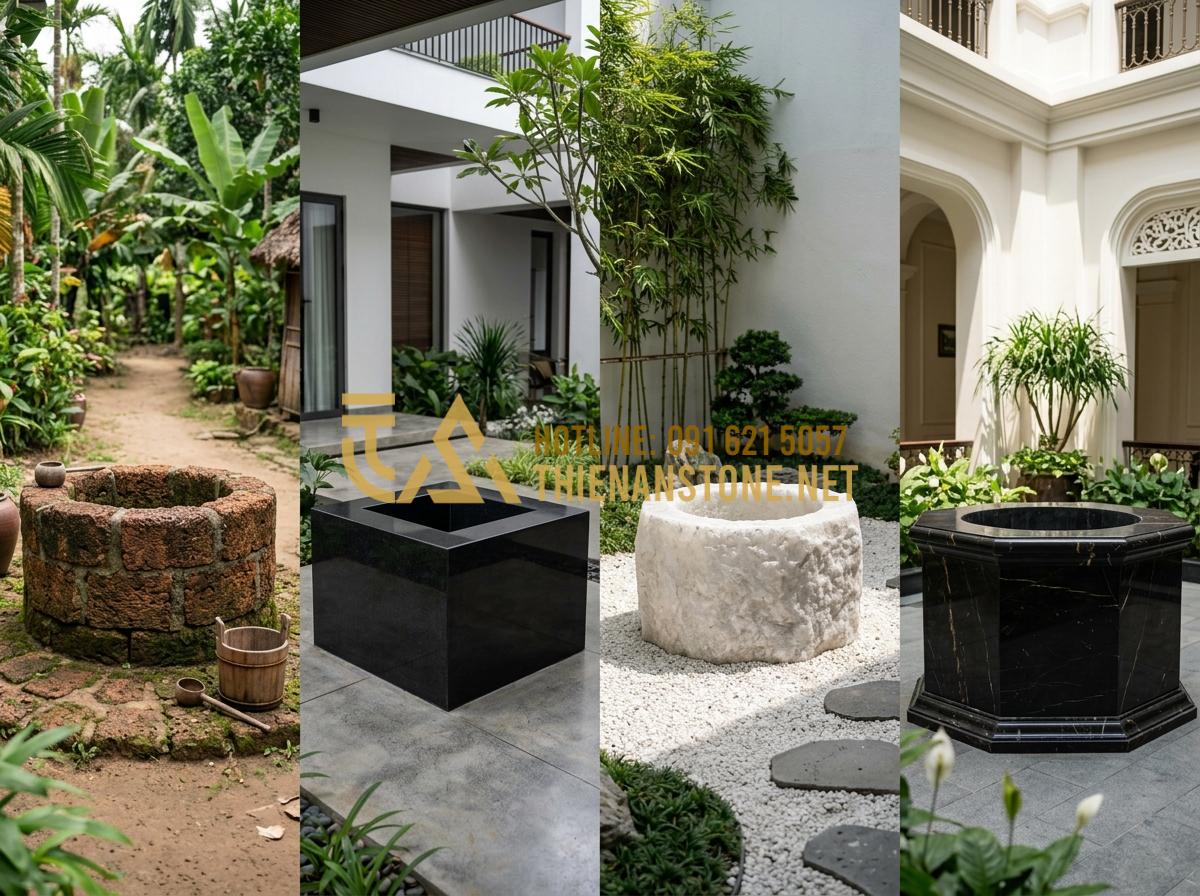 So sánh giếng đá ong, đá đen và đá cẩm thạch: Nên chọn loại nào cho sân vườn? - Tạo ảnh tiếng Anh: A side-by-side comparison image showcasing four distinct type