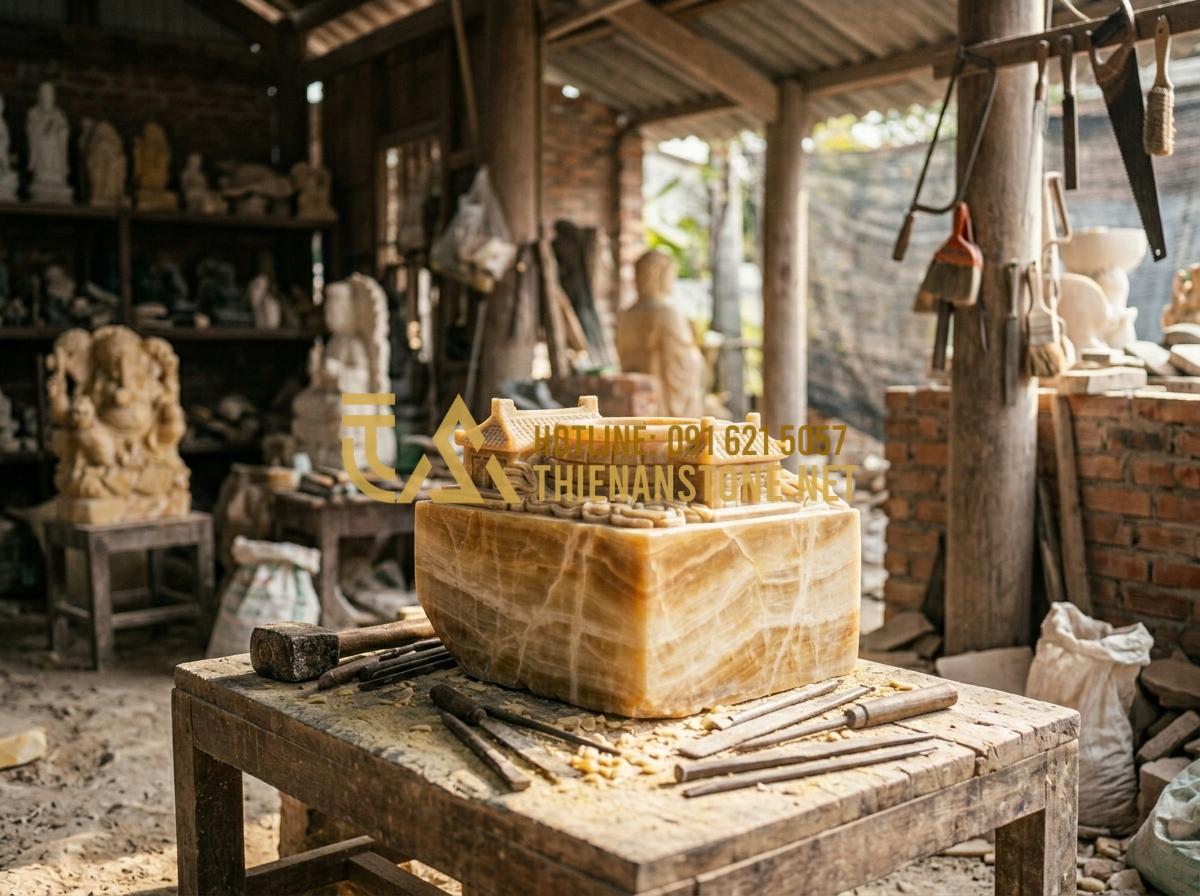 So sánh giếng đá ong, đá đen và đá cẩm thạch: Nên chọn loại nào cho sân vườn? - Tạo ảnh tiếng Anh: A professional and authentic photo of a master stone craftsma