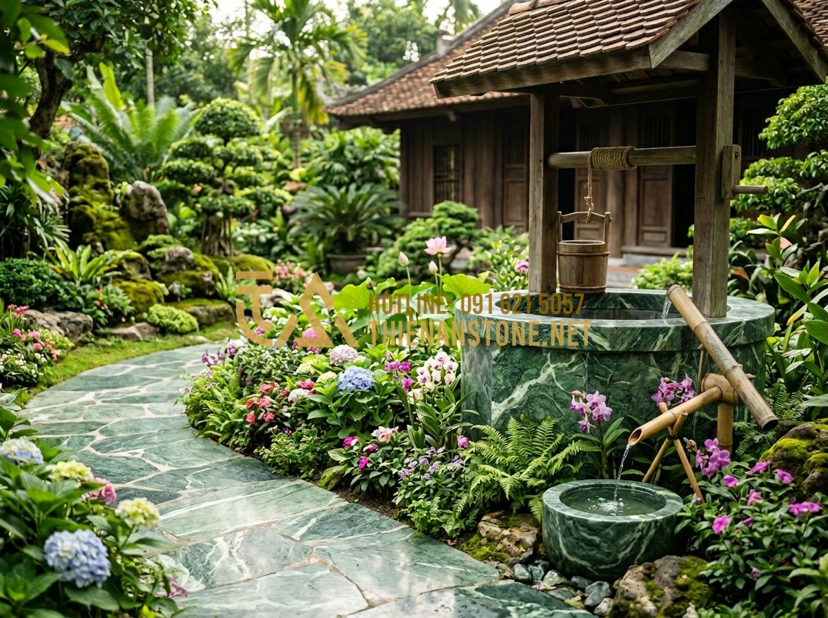 So sánh giếng đá ong, đá đen và đá cẩm thạch: Nên chọn loại nào cho sân vườn? - Tạo ảnh tiếng Anh: A beautiful garden layout showing a stone well placed in a ha