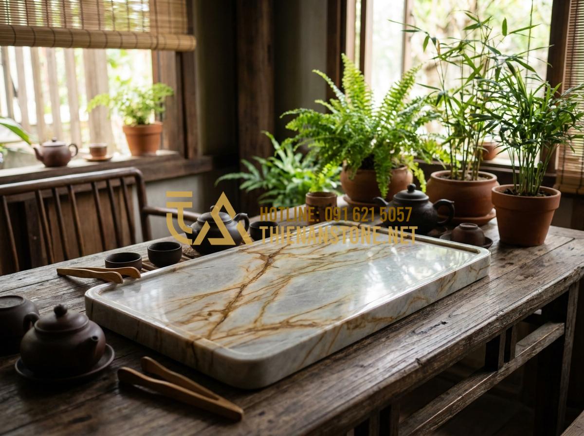 So Sánh Khay Trà Đá Marble Và Khay Trà Đá Cẩm Thạch: Nên Chọn Loại Nào? - Hình 1 So Sánh Khay Trà Đá Marble Và Khay Trà Đá Cẩm Thạch: Nên Chọn Loại Nào? - Elegant natural stone tea tray made from marble with subtle cloud-like veins pla