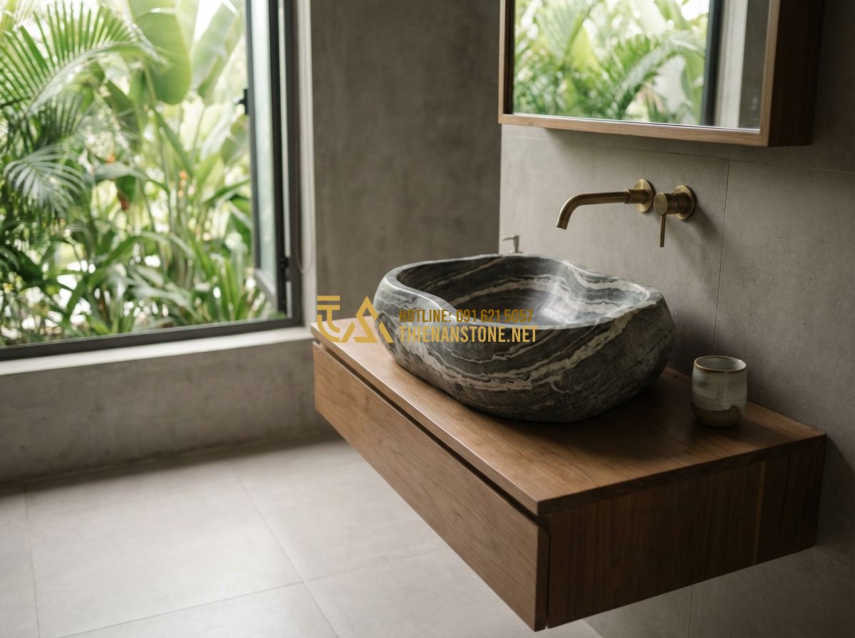 So Sánh Lavabo Đá Tự Nhiên Và Lavabo Đá Nhân Tạo: Nên Chọn Loại Nào? - Tạo ảnh tiếng Anh: A high-end, minimalist bathroom setting with a woman thoughtf