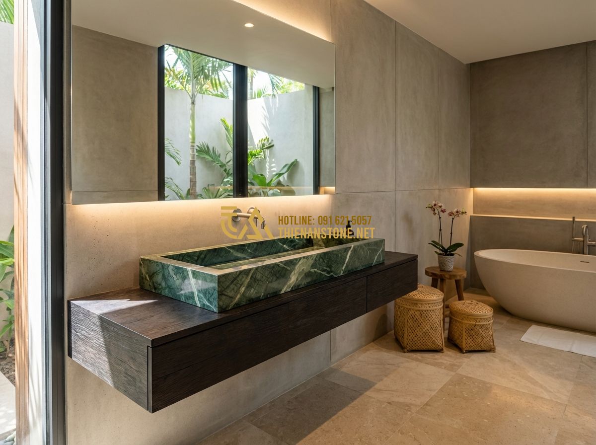 So Sánh Lavabo Đá Tự Nhiên Và Lavabo Đá Nhân Tạo: Nên Chọn Loại Nào? - Tạo ảnh tiếng Anh: Modern luxury bathroom interior featuring a sleek, white soli