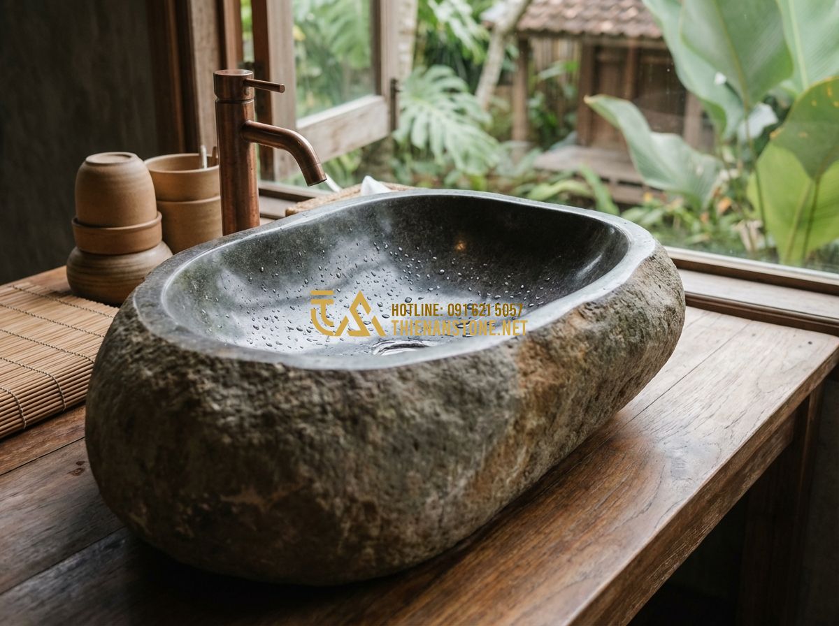So Sánh Lavabo Đá Tự Nhiên Và Lavabo Đá Nhân Tạo: Nên Chọn Loại Nào? - Tạo ảnh tiếng Anh: Artistic shot of a natural river stone washbasin in a rustic-