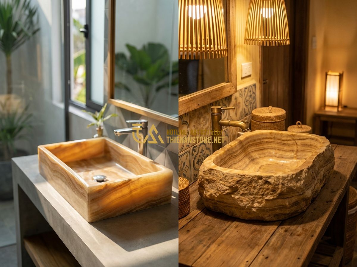 So Sánh Lavabo Đá Tự Nhiên Và Lavabo Đá Nhân Tạo: Nên Chọn Loại Nào? - Tạo ảnh tiếng Anh: Comparison split-screen image. On the left, a smooth, colorfu