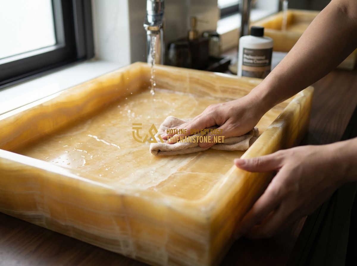 So Sánh Lavabo Đá Tự Nhiên Và Lavabo Đá Nhân Tạo: Nên Chọn Loại Nào? - Tạo ảnh tiếng Anh: Close-up of hands gently cleaning a stone sink with a soft cl