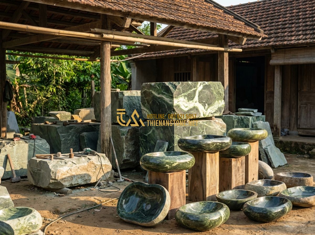So Sánh Lavabo Đá Tự Nhiên Và Lavabo Đá Nhân Tạo: Nên Chọn Loại Nào? - Tạo ảnh tiếng Anh: Exterior shot of a traditional Vietnamese stone craft worksho