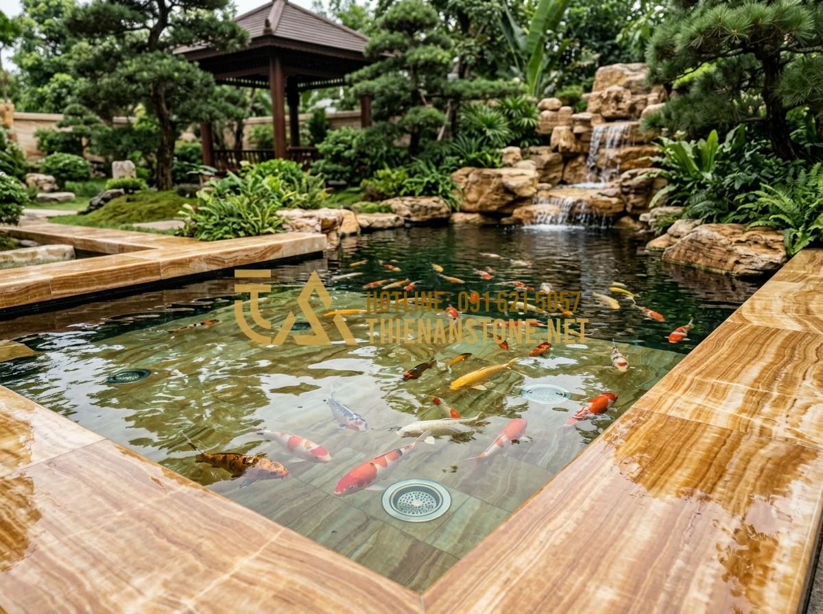 So sánh nắp hút đáy bằng đá và nắp nhựa, inox: Đâu là lựa chọn tối ưu? - Professional photography of a high-end Koi pond with crystal clear water, showin