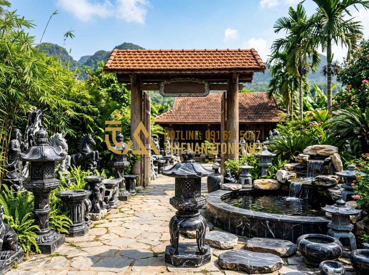 So sánh nắp hút đáy bằng đá và nắp nhựa, inox: Đâu là lựa chọn tối ưu? - The entrance of Thien An Stone workshop in Phu Tho, showing a display of exquisi
