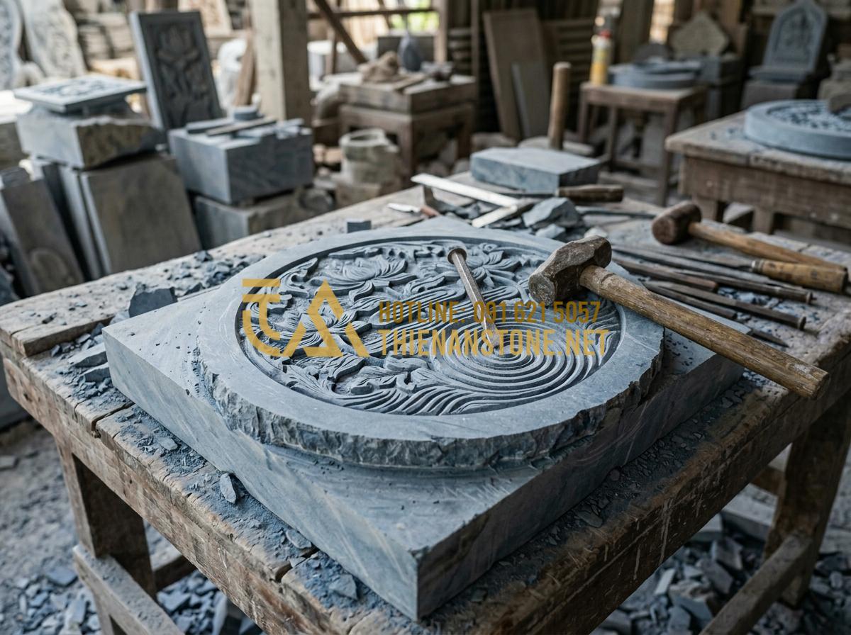 So sánh nắp hút đáy bằng đá và nắp nhựa, inox: Đâu là lựa chọn tối ưu? - A skilled artisan at Thien An Stone carving a circular pond drain cover from a s