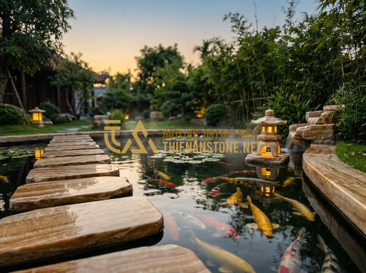 So sánh nắp hút đáy bằng đá và nắp nhựa, inox: Đâu là lựa chọn tối ưu? - Atmospheric photo of a zen-style Koi pond at dusk, with soft lighting highlighti