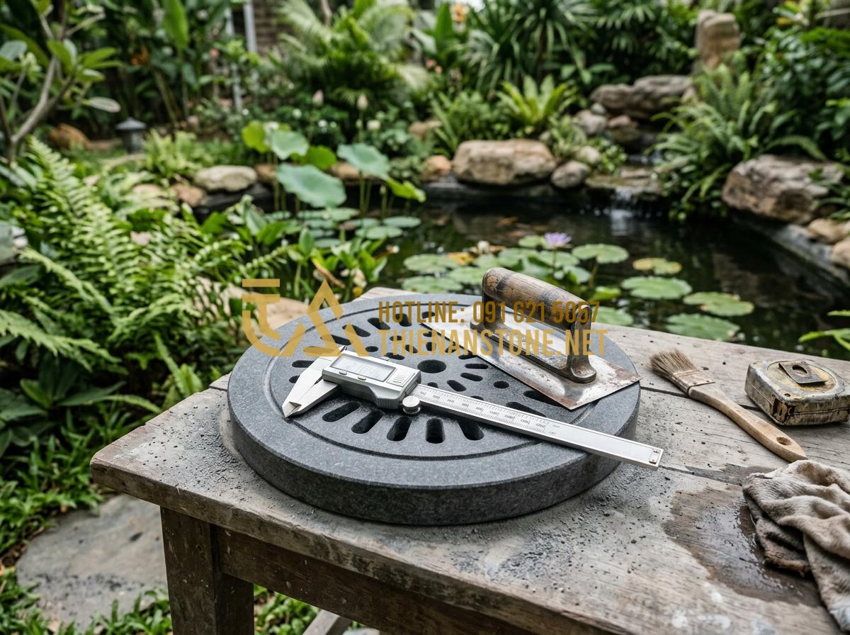 So sánh nắp hút đáy bằng đá và nắp nhựa, inox: Đâu là lựa chọn tối ưu? - A quality control expert at Thien An Stone inspecting a finished granite drain c