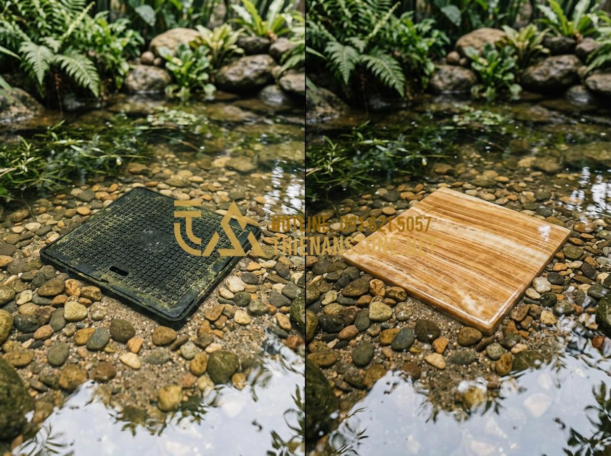 So sánh nắp hút đáy bằng đá và nắp nhựa, inox: Đâu là lựa chọn tối ưu? - A before-and-after comparison photo of a pond bottom: on the left, a prominent b