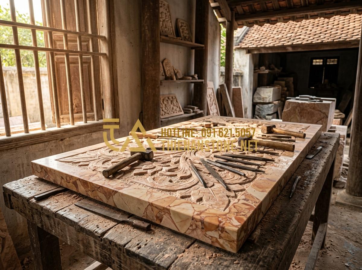 So sánh phù điêu đá xanh, đá trắng và đá sa thạch: Nên chọn loại nào? - Tạo ảnh tiếng Anh: A master craftsman in a traditional workshop, meticulously ca