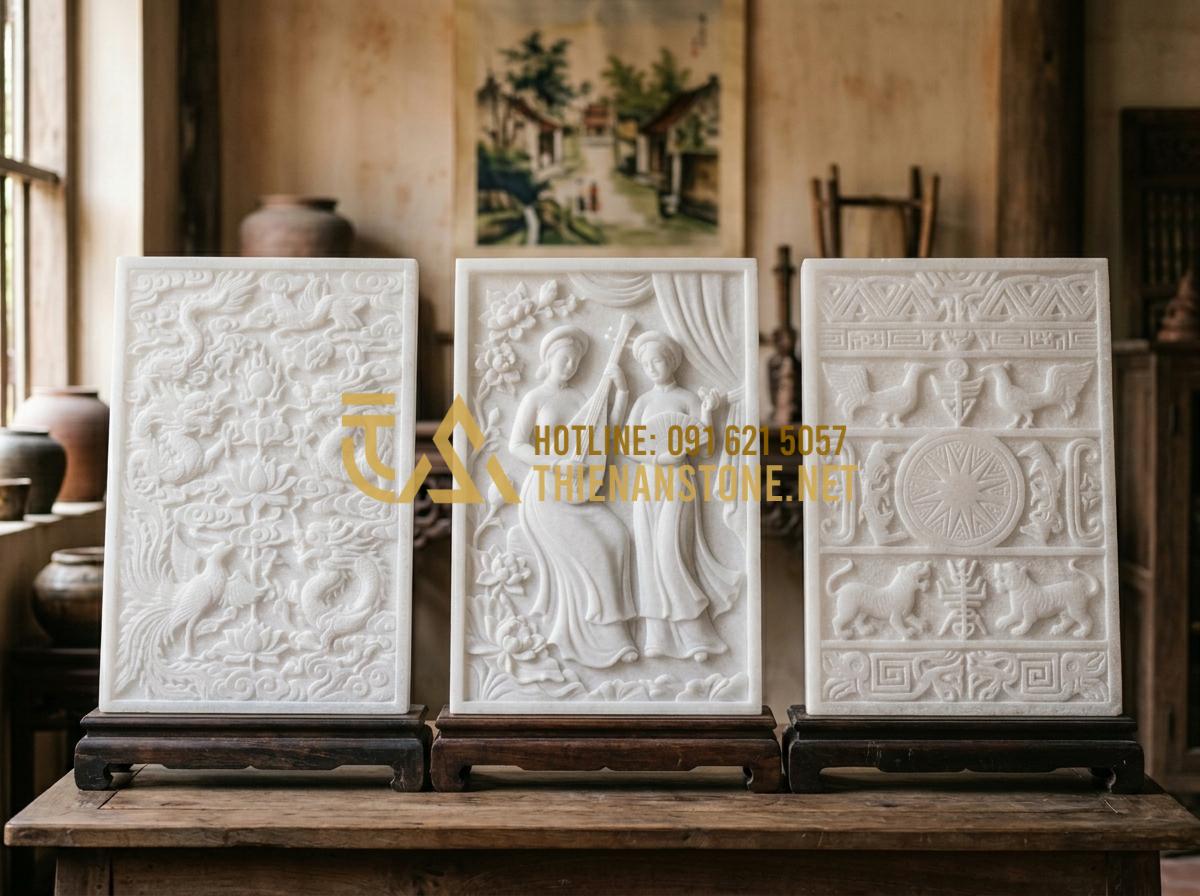So sánh phù điêu đá xanh, đá trắng và đá sa thạch: Nên chọn loại nào? - Tạo ảnh tiếng Anh: Comparison of three different stone textures for bas-relief: